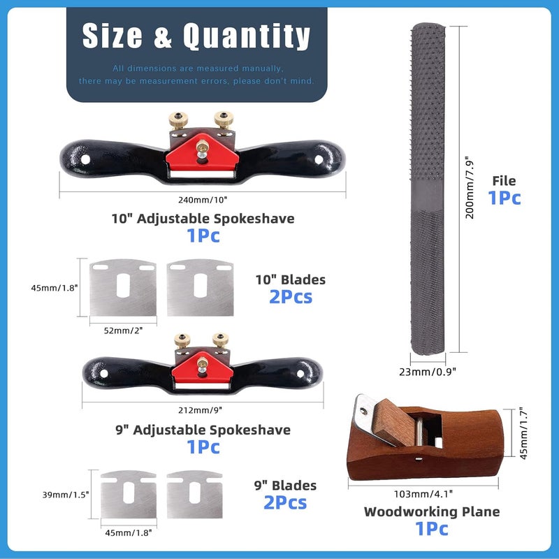 Glarks Adjustable Spokeshave Set (2pcs) with Replacement Blades, Woodworking Plane, 4-Way Rasp File - G2657 [Metal, Brass, Red, Black, Silver] - Image 2